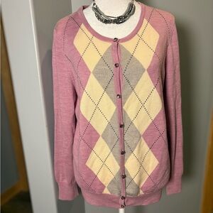 Talbots Argyle Cardigan L 100% Merino Wool Jewel Button Pink Gray Preppy Classic
